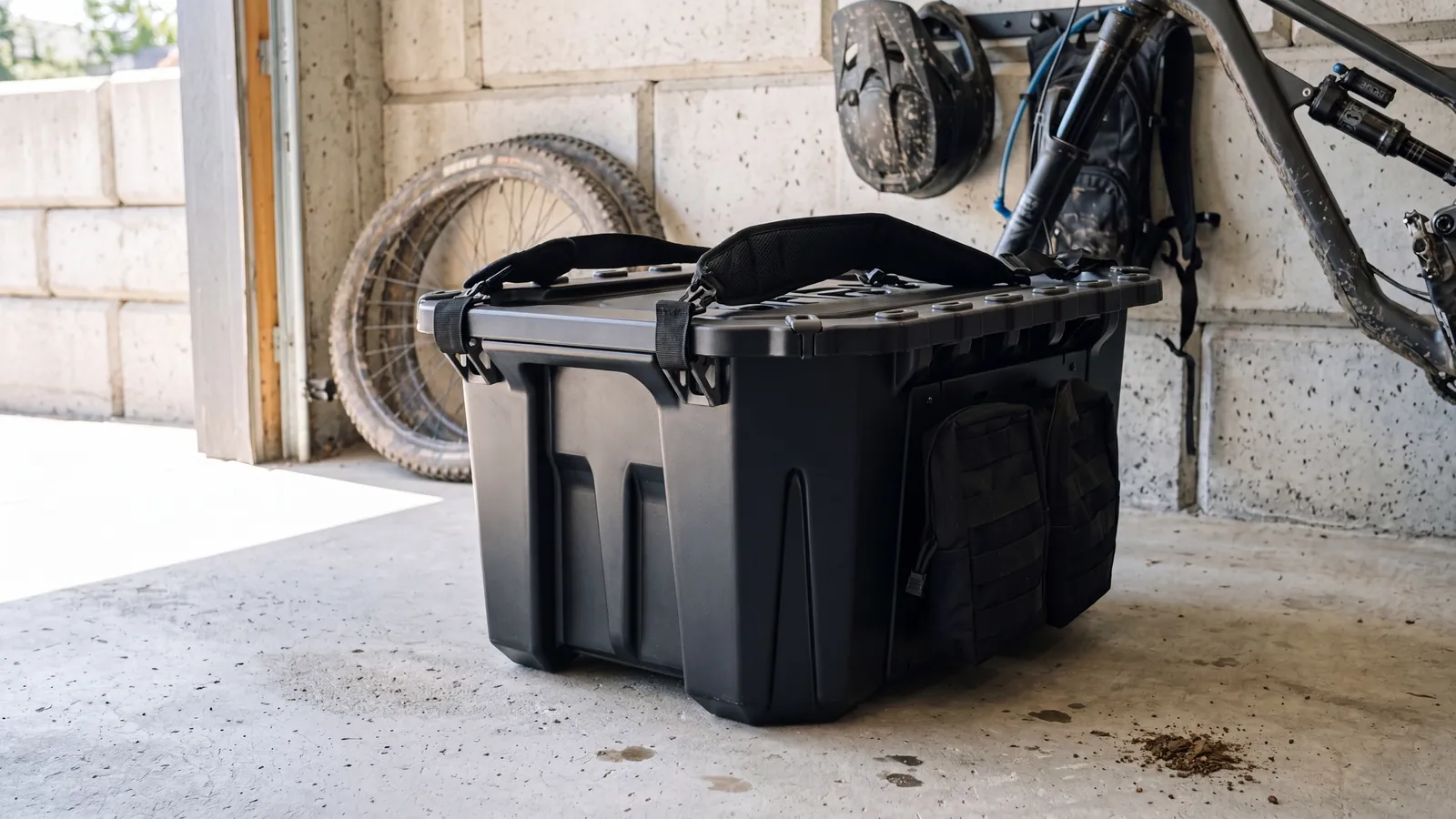 GRBX bin staged in the garage with bikes on the wall