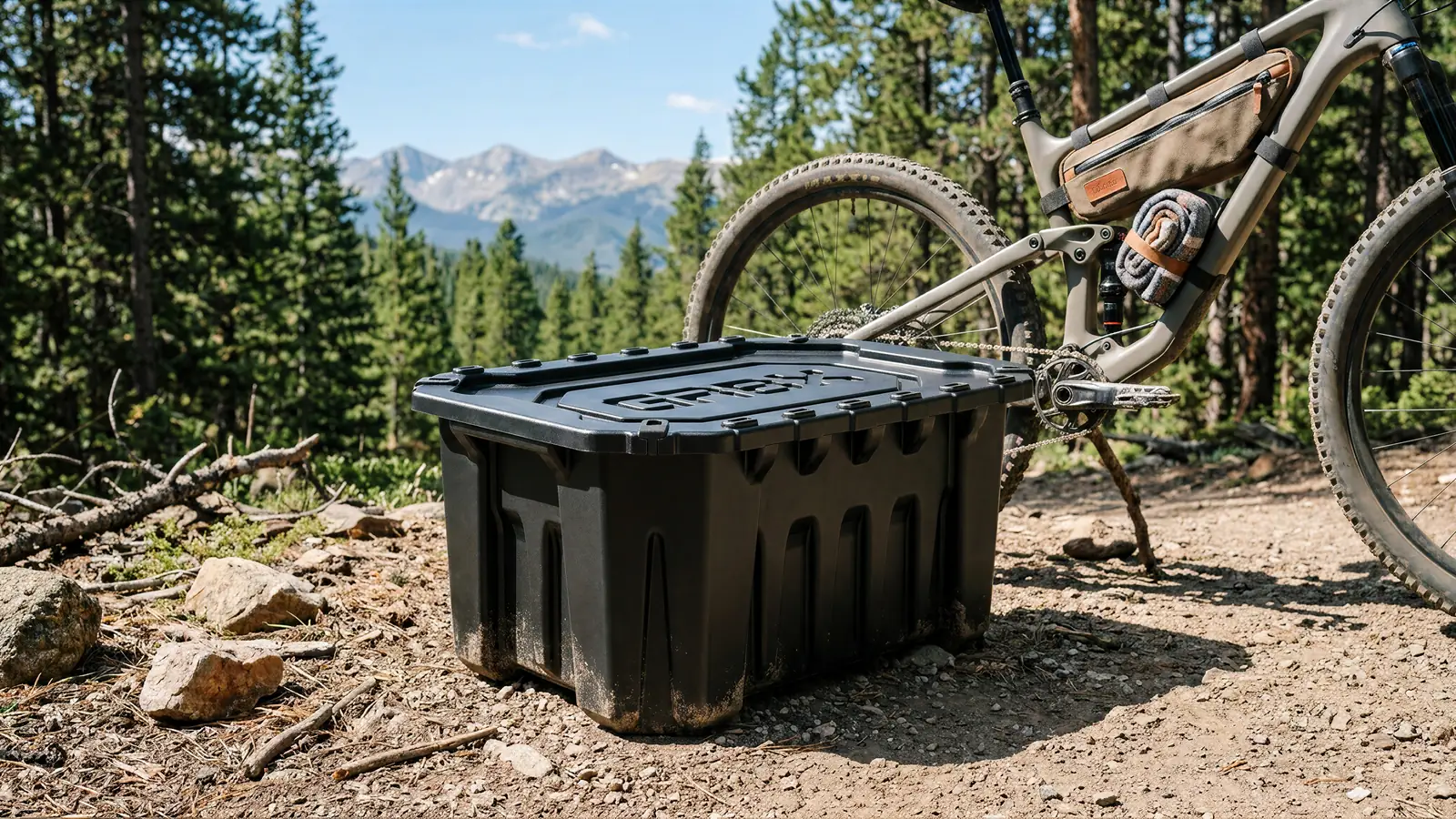 Bin trailside with a mountain bike behind it