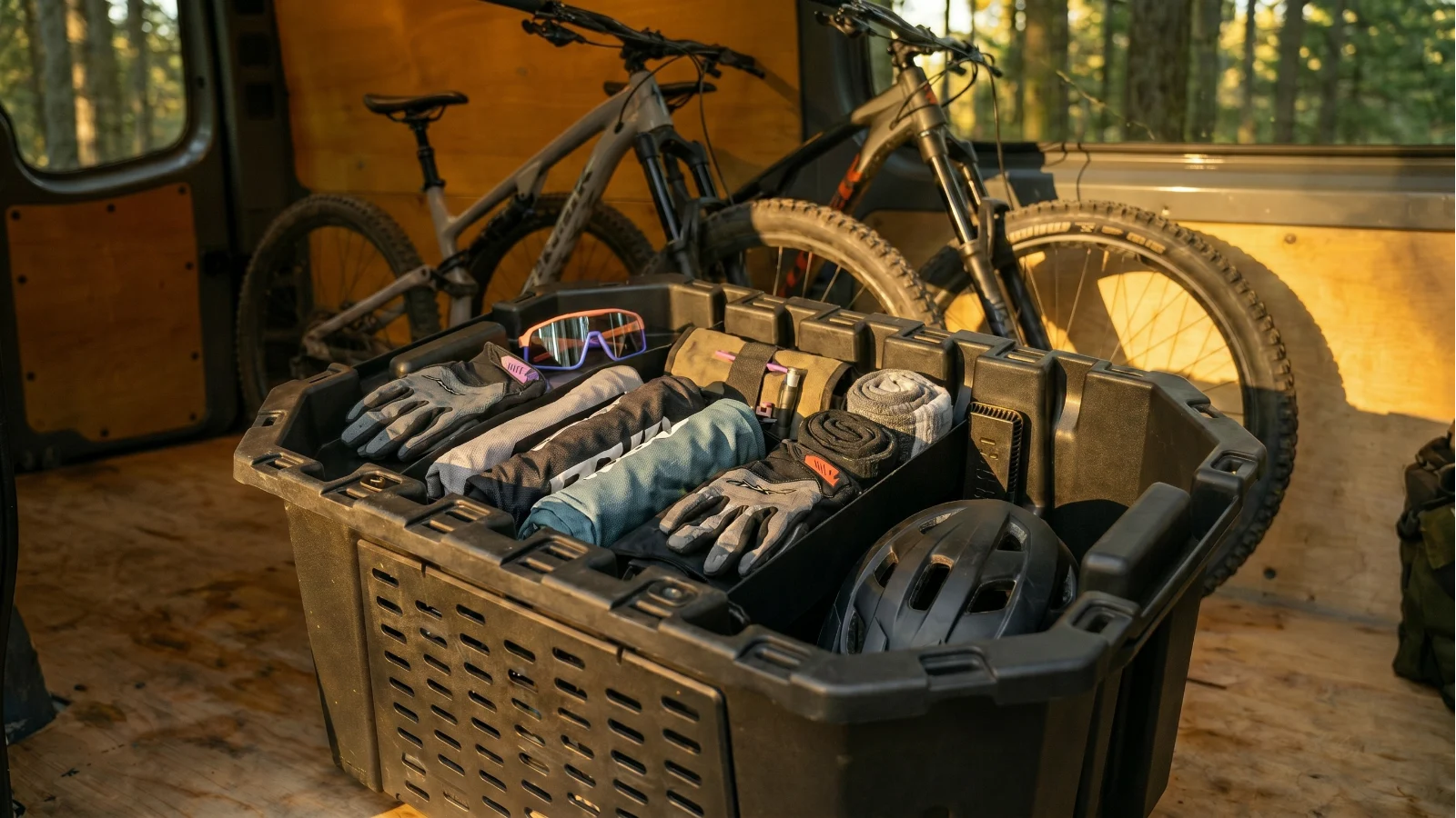 Open GRBX bin packed with sorted riding gear in the back of a van, two mountain bikes behind