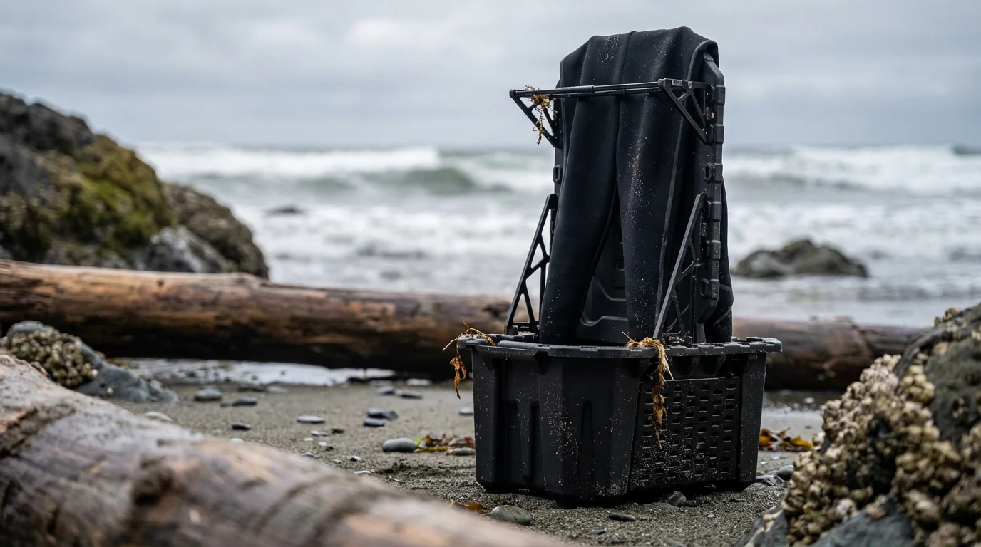 Wetsuit hung on the drying rack in the bin on a rocky beach, surf behind