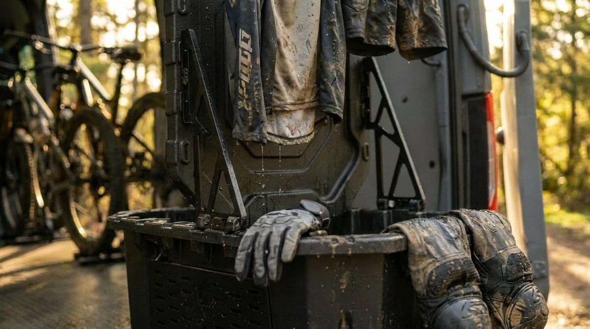 GRBX bin at a forest trailhead with muddy jersey drying on the rack and a bike rack behind