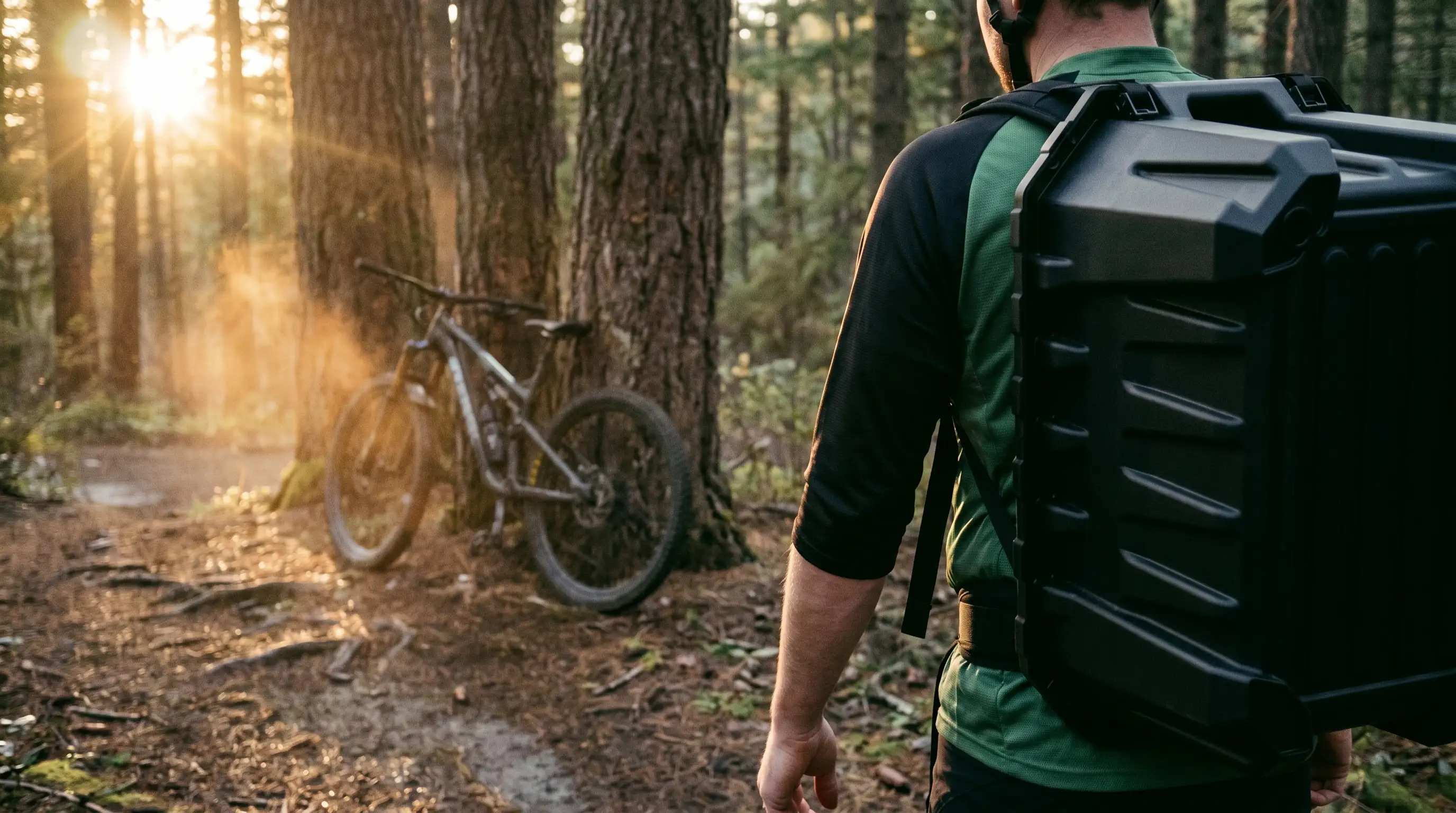 Bin carried on the back with the backpack straps and hip belt, walking toward the bike on a forest trail at sunset