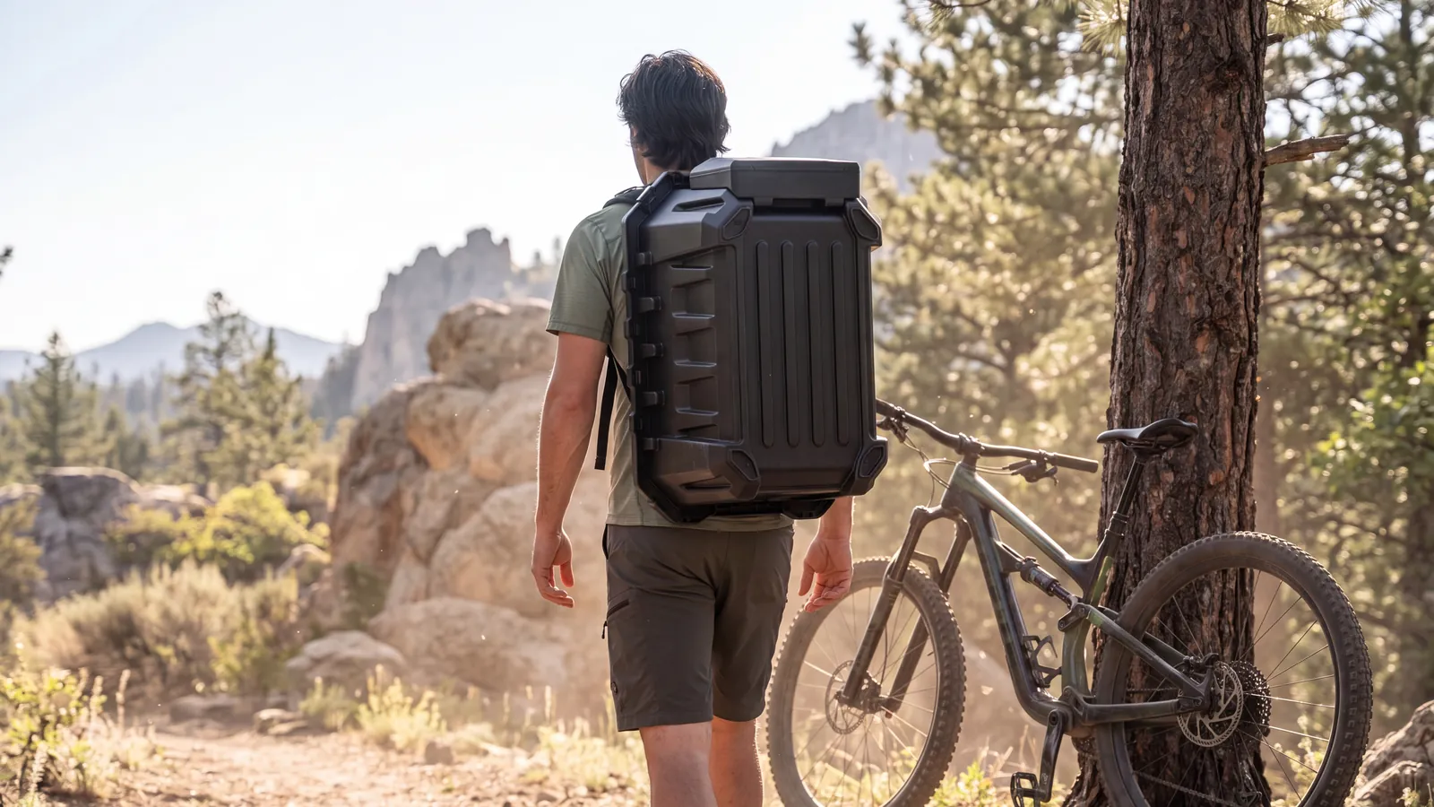 Walking deeper in with the bin on the back, bike against a tree