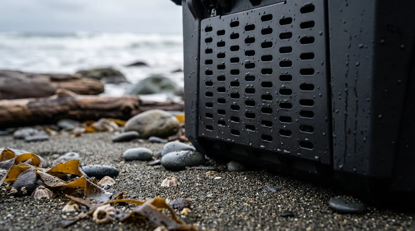Side MOLLE panel on the GRBX bin, beaded with saltwater on a rocky beach