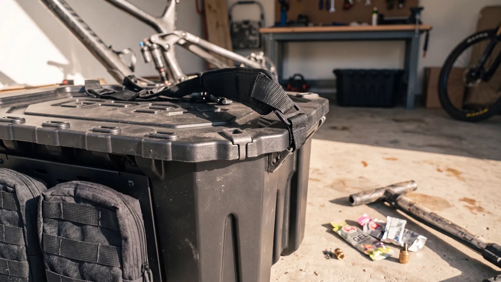 MOLLE panels on the bin in the garage, tools staged around it